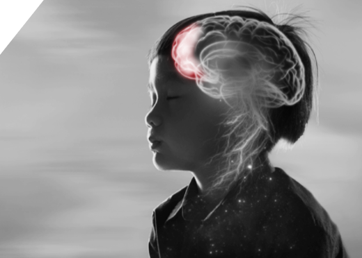 Black and white photo of a boy with an MRI-like image of a brain superimposed on his head. [90]